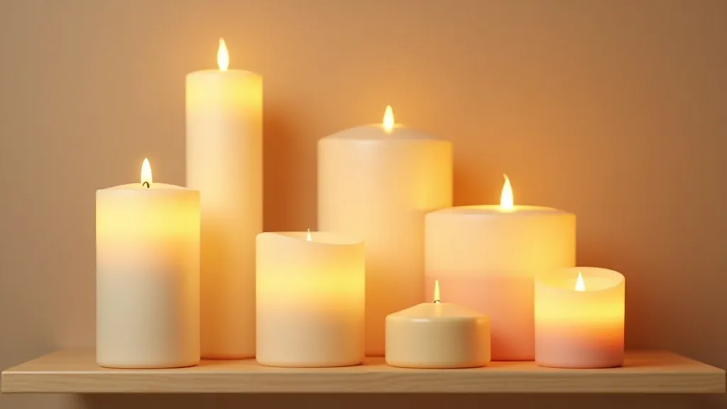 Collection of various scented candles with different heights and warm colors arranged on shelf