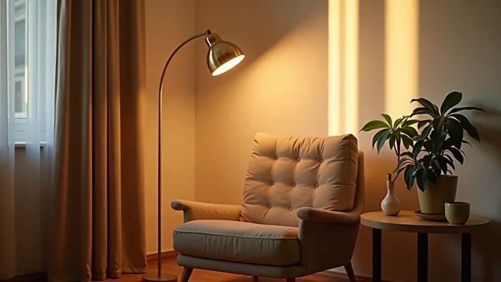 Living room corner with arc floor lamp creating warm glow over comfortable armchair and side table with plants