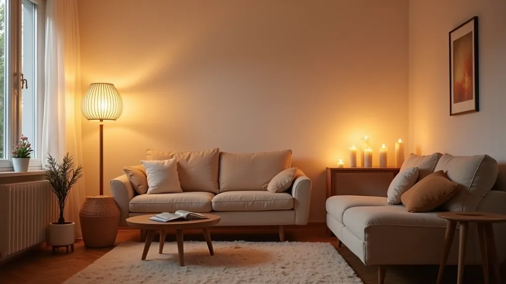 Living room with reading nook and warm lighting