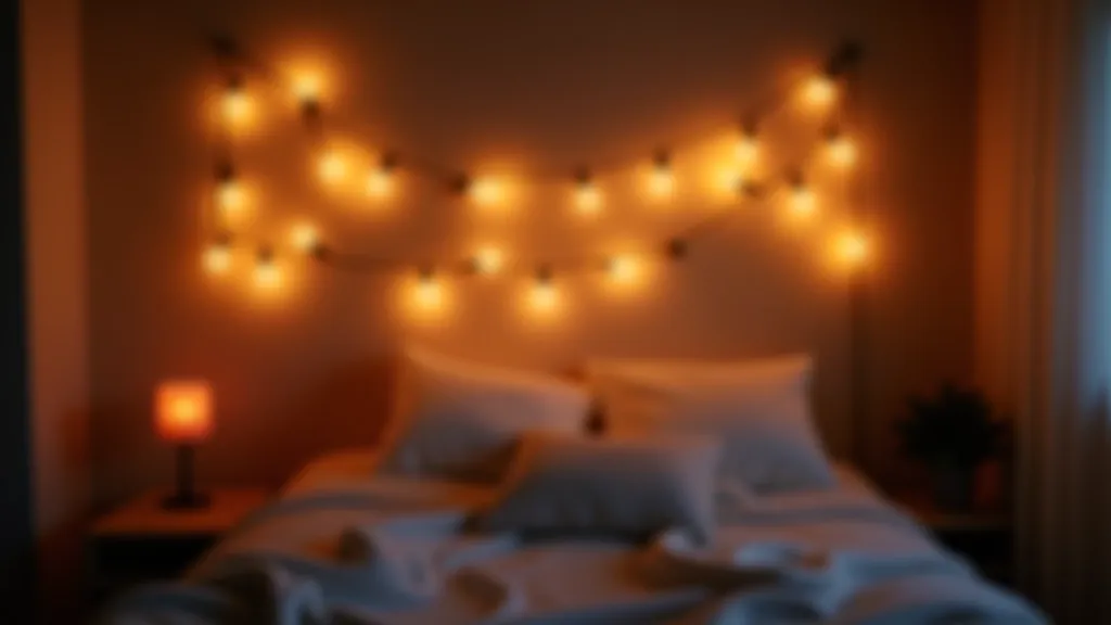Warm string lights draped across bedroom wall creating ambient glow above bed