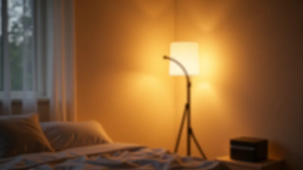 Corner of bedroom with tall floor lamp creating upward light that draws eye toward ceiling