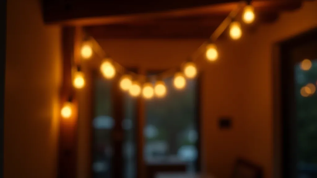 Close-up of warm white string lights with Edison-style bulbs strung across dark wooden beam in modern apartment